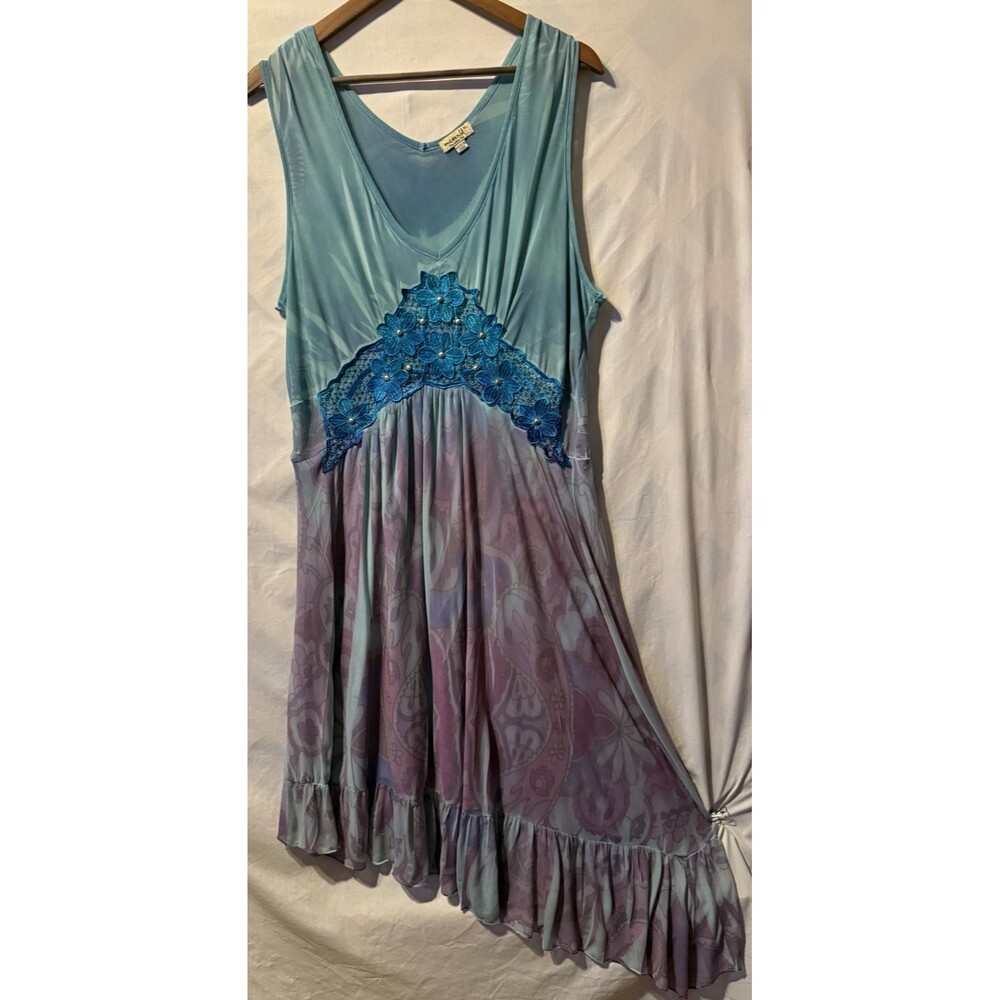One World Boho Fairycore Mermaid Ombre Handkerchief Hem Dress Blue Purple XL